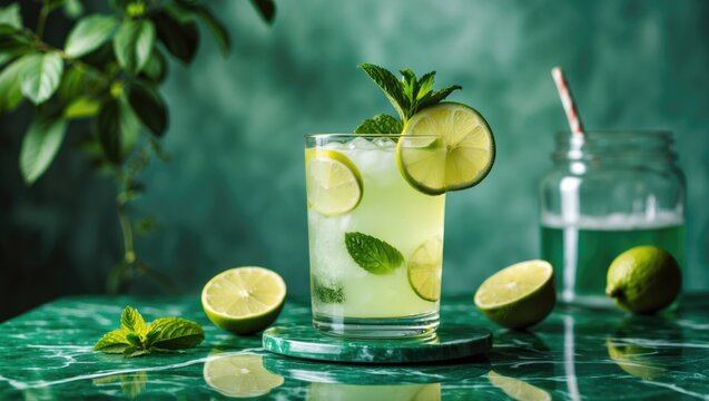 Glass of lime lemonade on a green marble table with mint, ginger, and lime slices, summer refreshing drinks, homemade lemonade, cold drinks.