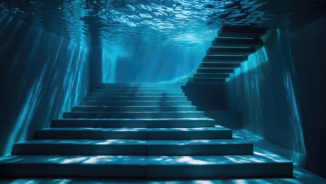 A staircase under clear blue water goes down to the outdoor pool, a place for rest and relaxation, close-ups, fragments, abstract geometry, underwater steps