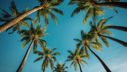Fototapeta premium Group of palm trees with large green branches against a clear blue sky, view from below, with empty copy space for text