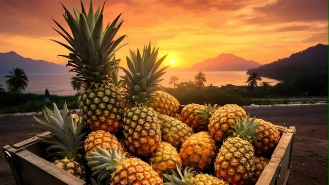 pineapple fruits in garden on nature background	
