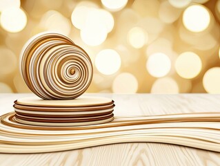 Abstract Gold and Beige Swirling Shapes on Wooden Surface