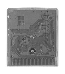 Old cartridge tape case on black background. Isolated game transparent mockup. Clean cover box...