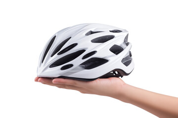 Hand holding white bicycle helmet isolated on white background