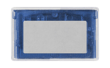 Old cartridge tape case on black background. Isolated game transparent mockup. Clean cover box...