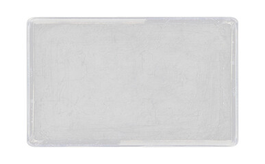 Old cartridge tape case on black background. Isolated game transparent mockup. Clean cover box template.