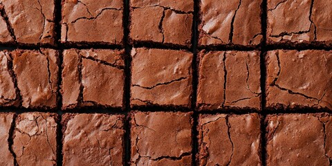 National brownie day with homemade chocolate idea. Textured brown brownies surface with visible cracks and lines.