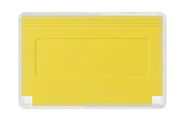 Old cartridge tape case on black background. Isolated game transparent mockup. Clean cover box...