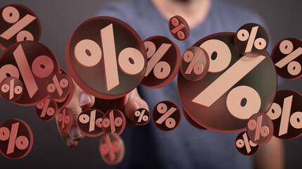 Image of a hand holding multiple percentage symbols, ideal for illustrating discounts, sales,...
