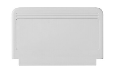 Old cartridge tape case on black background. Isolated game transparent mockup. Clean cover box...
