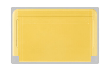 Old cartridge tape case on black background. Isolated game transparent mockup. Clean cover box template.
