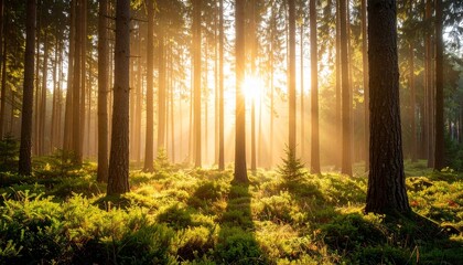 realistic image of a dense pine forest in the early morning with light mist and golden sunlight filtering through trees, background depth of field, soft light