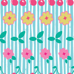 Flowers and cherry fruit seamless pattern on blue striped background