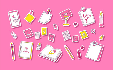 Love themed stationery, collage Love You. Cute romantic stickers for diary, social media, surfaces