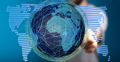 Person interacts with a digital globe, showcasing global connectivity and networking.