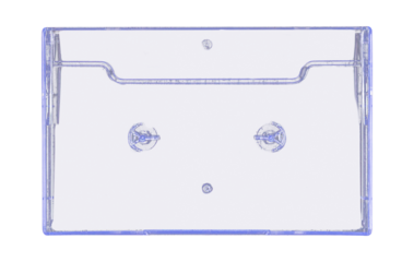 Old cassette tape case on black background. Isolated music transparent mockup. Clean cover box template.