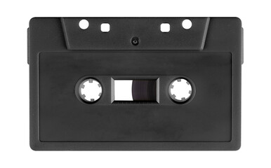 Obraz premium Old cassette tape case on black background. Isolated music transparent mockup. Clean cover box template.