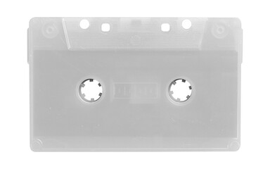 Obraz premium Old cassette tape case on black background. Isolated music transparent mockup. Clean cover box template.