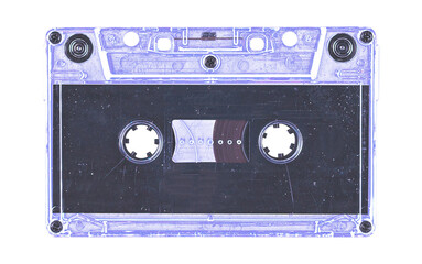 Old cassette tape case on black background. Isolated music transparent mockup. Clean cover box template.