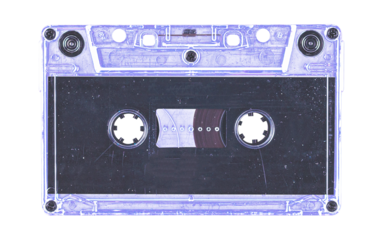 Old cassette tape case on black background. Isolated music transparent mockup. Clean cover box template.