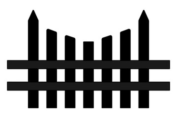 Wooden fence made of boards decreasing in height to the center. Silhouette. The fence is fastened from the outside with two horizontal boards. Vector illustration. Isolated white background. 