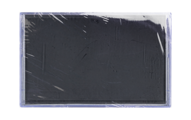 Old cassette tape case on black background. Isolated music transparent mockup. Clean cover box template.