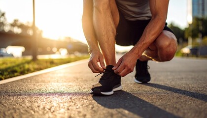  image of a runner crouching to tie shoes on an urban path, early morning light, background slightly blurred, focus on shoes and hands