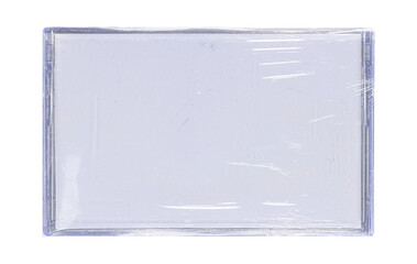 Old cassette tape case on black background. Isolated music transparent mockup. Clean cover box template.