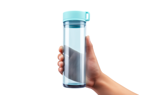 hand holding transparent water bottle isolated on white background