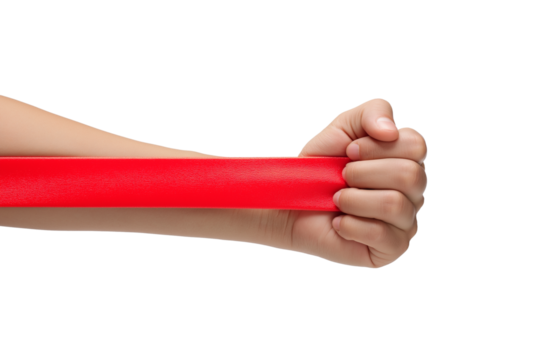 Hand gripping red resistance band isolated on white background