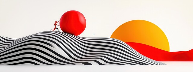 Abstract Red and Orange Spheres on Black and White Striped Surface