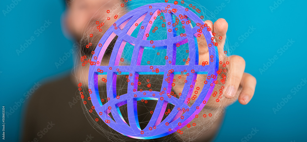 Poster person interacts with a digital globe, symbolizing global networking, connectivity, and technology.
