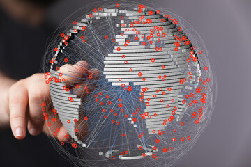 Interactive 3D globe showcasing interconnected data points, illustrating global communication and...