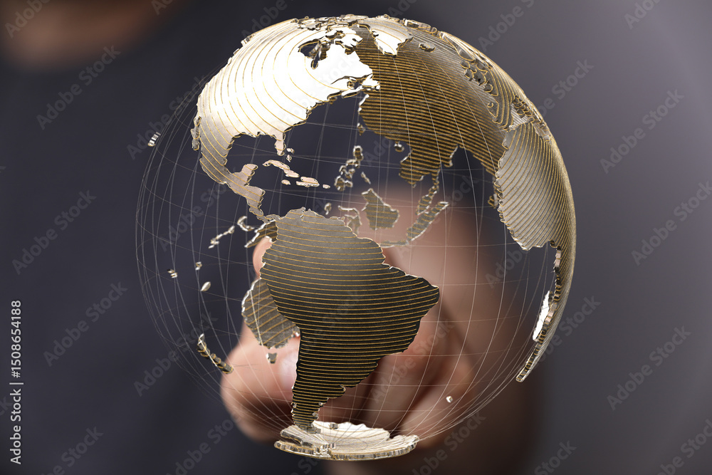 Poster High-quality stock photo of a hand interacting with a 3D model of the Earth, symbolizing global connectivity and networking.