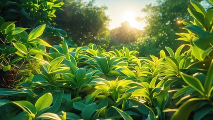 Green plants together with sunlight and empty space for text.