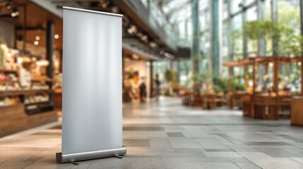 Blank roll up banner stands in a blurred indoor commercial space.
