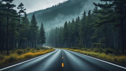 Fototapeta premium A beautiful pine forest extends along the highway through the mountains and trees.