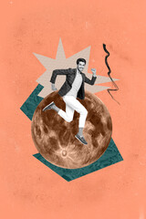 Vertical 3d poster art collage of happy girl guy stand space galaxy moon planet cosmos discovery...