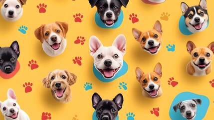 Obraz premium Cheerful Group of Adorable Dogs with Paw Prints on Multicolor Background