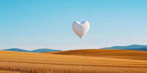 A heart-shaped white balloon floats over a golden field under a clear blue sky. Concept: serenity and love in nature