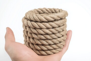 Obraz premium hand holding coiled rope isolated on white background