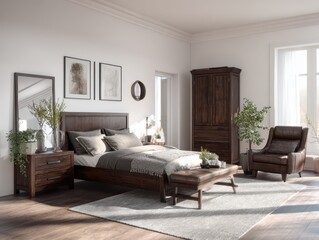 Wooden bedroom set with a leather armchair and bench.