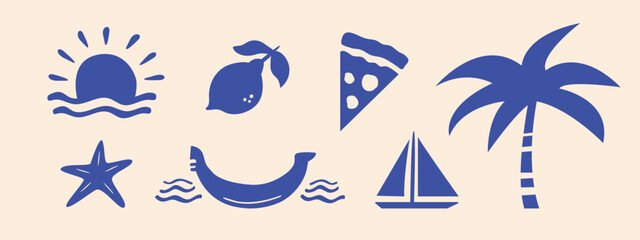 Italy summer travel icon set, hand drawn vacation symbols silhouettes. Traditional Mediterranean signs cadres kit, minimalist poster collection. Isolated. Vector illustration