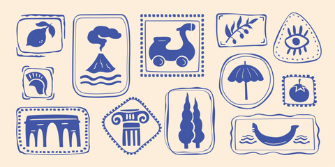 Italy summer travel stamp letter frame set, hand drawn vacation borders silhouette postal emblem. Traditional Mediterranean monograms cadres kit, minimalist poster. Isolated. Vector illustration