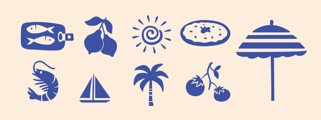 Italy summer travel icon set, hand drawn vacation symbols silhouettes. Traditional Mediterranean signs cadres kit, minimalist poster collection. Isolated. Vector illustration