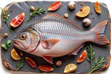 a 3d render of fish keeping, positioned left, isolated white background