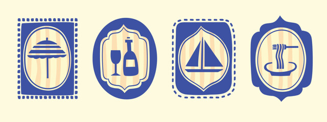 Italy summer travel stamp letter frame set, hand drawn vacation borders silhouette postal emblem. Traditional Mediterranean monograms cadres kit, minimalist poster. Isolated. Vector illustration