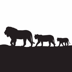 Naklejka premium Silhouette family of lions walking together vector illustration african wildlife safari design concept art