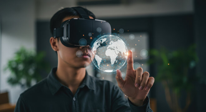 Metaverse World Connection: Man in VR headset interacts with global network of digital icons and cryptocurrency, shaping a future connected reality.