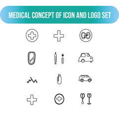 Black and white solid medical icons featuring a stethoscope, syringe, hospital, cross symbol, pill, ambulance, heart rate, thermometer, and first aid kit. Clean, simple design 