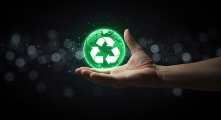 Recycling future: a glowing Earth with a recycling symbol held in a human hand, showcasing eco-awareness and sustainability on a dark background.